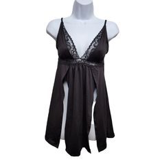 New With Tags- Box Size Medium /Large Black Babydoll With Matching G-String Mapale Black Sleep Top With Built-in Bra, Black Lace Trim Sleep Top, Black Sheer V-neck Sleepwear, Black Cami Sleepwear With Lace Trim, Black Lace Trim Cami Sleepwear, Blue Slip Dress, Black Babydoll, Vintage Slip Dress, Long Slip Dress