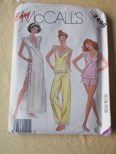 "McCalls 2496 Misses Nightgown and Pajamas sewing pattern, size Petite small. Pullover nightgown or pajama top has V neckline with lace trim, extended shoulders, lace trimmed side seams and hemlines. Pajama shorts or pants have elastic in waistline casing and lace trimmed hemlines. size small Bust: 32-34\" Waist: 25-26.5\" Hips: 34.5-36\" Pattern is uncut with instructions. Light wear to envelope. See more vintage patterns, fabric, kits and notions in our store: https://www.etsy.com/shop/glamourstitch SPECIAL OFFER FOR OUR DOMESTIC CUSTOMERS - Buy 3 Sewing Patterns and your order ships for FREE! Use coupon code \"3FORME\" at checkout and FREE shipping will apply to your total. Offer good for domestic US customers only." Pajama Sewing Pattern, Pajamas Sewing Pattern, Pajamas Sewing, Vintage Nightwear, Barbiecore Outfit, Dressmaking Patterns, Pajama Style, Nightgown Pattern, Vintage Pajamas