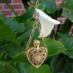 A well designed masterpiece by 1928 Jewelry, this heart filigree pendant necklace featuring 14K gold dipped framework with a Rondell rich cut faceted clear glass crystal accent. This 30-inch long heart necklace comes with a glass vial inside the filigree heart, which has a 0.617ml capacity and funnel. The decorative vial cap comes with a white stopper for a secure fit. 14K Gold Dipped Diamond Link Chains And Filigree Heart 12mm x 8mm Rondell Rich Cut Faceted Clear Glass Crystal Accent Solid Glas Resort Jewelry, Faberge Jewelry, Filigree Pendant Necklace, Vial Necklace, Filigree Heart, 1928 Jewelry, Vintage Inspired Jewelry, Heart Crystal, Filigree Pendant