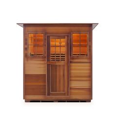 Enlighten Sauna InfraNature Original Infrared Canadian Red Cedar Wood Outside And Inside 4 person sauna with indoor Roofed front view Floor Heater, Indoor Sauna, Traditional Saunas, Red Cedar Wood, Electric Heaters, Outdoor Sauna, Infrared Heater, Ceramic Floor Tiles, Natural Interior