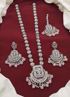 stunning baby pink and silver bridal set including necklace, earrings, jhumar and tikka Pink Stones, Pakistani Bridal, Bridal Set, Pink Stone, Bridal Sets, Necklace Earrings, Full Set, Long Necklace, Baby Pink