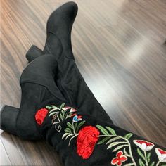 Black Faux Suede Embroidered Over The Knee Boots Over The Knee Boots, Over The Knee, Black Floral, Faux Suede, Knee Boots, The Knee, Black Red, Black And Red, Size 7