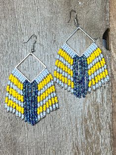 Beaded fringe earrings with a diamond base.  Make a statement!  Approx. 3 inches long. Our earrings are handmade right here in Springfield, Illinois USA.  They will ship in a padded parcel envelope. Yellow Fringe Dangle Jewelry, Yellow Fringe Earrings As Gift, Yellow Dangle Jewelry With Tassels, Yellow Fringe Jewelry Gift, Yellow Fringe Jewelry For Gift, Yellow Beaded Dangle Chandelier Earrings, Yellow Beaded Fringe Drop Earrings, Blue Picasso, Springfield Illinois