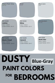 some gray paint colors for bedroom walls and floors with the words dusty blue - gray paint colors