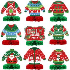 christmas sweaters and hats with snowmen on them