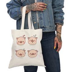 "Piggy Tote bag perfect for everyday use! Each bag is custom printed when ordered so returns & exchanges are not accepted. Thank you for supporting a small business! 💜 Beautiful quality & durable 💜 100% natural cotton canvas fabric 💜 One size: 15\" x 16\" (38.1cm x 40.6cm) 💜 Convenient self-fabric handles 💜 Double-sided print" Cute Large Capacity Bags Perfect For Gifts, Cute Large Capacity Shoulder Bag For Gift, Rectangular Casual Bags For Gift, Casual Rectangular Bag For Gifts, Cute Canvas Shoulder Bag For Gifts, Cute Canvas Shoulder Bag For Gift, Casual Shoulder Bag As Gift, Pink Novelty Bags For Everyday Use, Pink Novelty Bag For Everyday Use