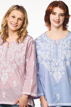 Our Tara Embroidered Tunic is hand embroidered by women artisans in Uttar Pradesh, India. The embroidery motifs are first block-printed onto the garment and then the women do the embroidery in their homes, which allows them to do the work on their own schedule between other household work. Our soft embroidered cotton tunic tops feature fine embroidery on the front and back and are designed for a comfortable, elegant fit. Available in two sizes, S/M and L/XL. Traditional Tops With Tonal Embroidery For Festive Occasions, Festive Traditional Tops With Tonal Embroidery, Embroidered Multicolor Tops, Traditional Blouse With Geometric Embroidery, Multicolor Embroidered Folk Fabric, Festive Tops With Geometric Embroidery, Festive Cotton Tops With Embroidered Border, Intricate Embroidery Cotton Fabric, Summer Chikankari Embroidery Fabric