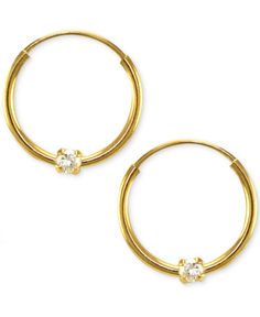 Put a sparkle in your favorite little girl's eye with these earrings. Round-cut cubic zirconia accents are set in 14k gold (12mm). 14k Gold Hoop Earrings With Single Diamond, Gold Hoop Earrings With Single Diamond, Pearl Earrings Gold, Bali Earrings, Fake Jewelry, Small Hoop Earrings, Buy Earrings, Gold Bangles Design, Kids Earrings