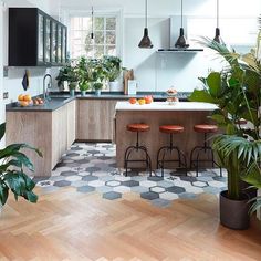 the kitchen is clean and ready to be used for cooking or eating, with potted plants on the counter