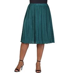 This elegant plus size skirt features a rich and luxurious shimmering pleated accordion fabric that adds texture and movement to your outfit. Designed with an elastic waistband, it provides a comfortable and flexible fit for various body types. The skirt is double layered, ensuring complete coverage and eliminating the need for additional undergarments. Its midi length is versatile, making it suitable for both casual and formal occasions. The flowing A Line silhouette enhances its sophisticated Green Midi Pleated Skirt For Party, Knee-length Party Skirt With Pleated Waist, Green Pleated Party Bottoms, Green Pleated Bottoms For Party, Elegant Green Skirt With Accordion Pleats, Elegant Green Accordion Pleats Skirt, Pleated Green Skirt For Evening, Green Pleated Skirt For Evening, Midi Sweater Skirt