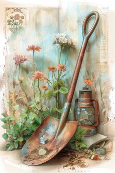 an old rusty shovel and some flowers