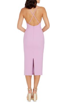 This endlessly elegant sleeveless midi is designed in a lavender hue and fronted with romantic rippled ruching. 34" center front length (size Medium) Hidden back-zip closure Plunge neck Spaghetti straps Back vent Lined 90% polyester, 10% spandex Machine wash, line dry Imported Purple Cocktail Midi Dress With Fitted Bodice, Purple Midi Dress With Fitted Bodice For Cocktail, Purple Sleeveless Midi Dress For Evening, Spring Formal Midi Dress With Ruched Back, Elegant Purple Sleeveless Midi Dress, Elegant Lavender Ruched Dress, Elegant Lavender Midi Dress For Evening, Elegant Lavender Midi Dress For Formal Occasions, Lavender Sleeveless Midi Dress For Formal Occasions