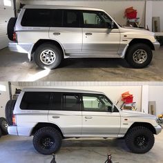 two pictures of a white suv in a garage