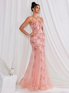 Rosa Elegante,Fiesta Collar sin mangas Lentejuelas Floral,Plantas,Estampado Integral Tirantes Embellished Estiramiento medio Backless Bridesmaid Dress, Rose Bonbon, Style Formal, Formal Evening Dress, Women Formals, Elegant Party, Pink Sequin, Formal Evening Dresses, Clothing Size Chart