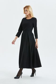 Black wool dress, wool dress, winter dress, womens dress, long wool dress, handmade dress, long wool Winter A-line Pleated Maxi Dress, Modest Black A-line Dress, Elegant Winter Pleated Maxi Dress, Fall A-line Pleated Dress, Elegant Pleated Maxi Dress For Winter, Solid Pleated Midi Dress For Winter, Elegant Black Pleated Dress For Fall, Fitted Pleated Maxi Dress For Winter, Winter Pleated Midi Dress