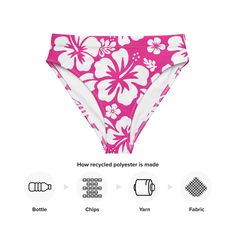 Turn heads at the beach with our hottie pink and white hibiscus flowers on white high waisted bikini bottom. These bold and playful flowers will make a statement while providing the perfect fit to flatter your figure. Enjoy comfort and style all in one! Bathing suit bottom is comfortable, high-waisted, and double-layered. • Double-layered and non-reversible • Tear-away care label • Zig-zag stitching *Swimsuit top only and two piece set with this design are listed and sold separately. This produc Pink Hibiscus Print Swimwear For Poolside, Pink Hibiscus Print Swimwear For Beach Party, Pink Hibiscus Print Swimwear For Summer, White Floral Print Bottoms For Beach Party, Pink Tropical High-waist Swimwear, Tropical High Waist Pink Swimwear, Pink Hibiscus Print Swimwear For Vacation, Pink High Waist Tropical Swimwear, Pink Hibiscus Print Swimwear For Swimming