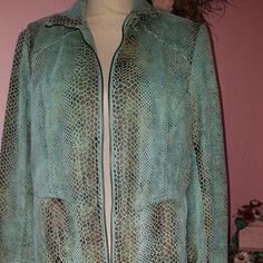 This Is A Beautiful Jacket; Pictures Do Not Do It Justice. Never Worn/Excellent. Size Medium. The Shell/Face Is !00% Polyamide, Backing Is 100% Polyester, Trimming Is 100% Polyester. This Jacket Can Be Worn Zippered Open Or Casually Zippered. The Neck Is Relaxed When Not Zippered. Has Two Zippered Pockets As Are The Cuffs. The Stitching Design On This Really Accentuated Where Needed. This Is A Must Have Which You Will Truly Enjoy! Chest 38"; Sleeve 22"; Length 23". Turquoise Outerwear For Work In Fall, Turquoise Long Sleeve Outerwear For Spring, Turquoise Long Sleeve Outerwear For Work, Print Jacket, Snake Skin, Brown Color, Zipper, Jackets & Coats, Jackets For Women