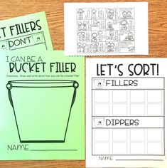 three printables for bucket fillers on a table