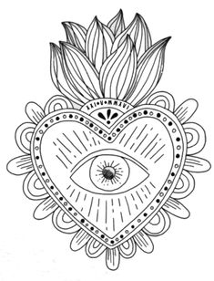 a heart with an eye in the middle and flowers around it, on top of a white