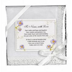 Show your nana how much you truly do love her! ; Keepsake handkerchief; Says: To Nana, with love; Accompanied by a heartfelt poem; The perfect gift for a loving grandmother; Measures 12in (30.5cm) wide and tall Size: one size.  Gender: female.  Age Group: adult. Cloth Napkin Folding, Love Your Smile, Napkin Folding, Parent Gifts, Do Love, Cloth Napkins, Christmas Presents, Cloth Bags, Table Linens