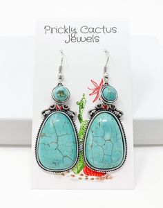 Turquoise Blue Magnesite Teardrop Earrings - Prickly Cactus Jewels Daisy Beads, Navajo Art, Feather Earrings Silver, Navajo Pearls, Nugget Necklace, Silver Feather, Feather Charms, Sterling Silver Dangle Earrings, Genuine Turquoise