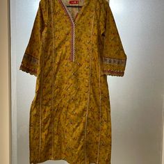 Brand New With Tag, Beautiful Yellow Cotton Suit Pakistani Indian Yellow Floral Print Kurta For Festive Occasions, Festive Yellow Kurta With Floral Print, Yellow V-neck Dress For Festive Occasions, Yellow V-neck Festive Dress, Festive Yellow V-neck Dress, Yellow Summer Kurta For Festive Occasions, Yellow Festive Straight Kurta Dress, Long Sleeve Yellow Kurta For Summer, Yellow Long Sleeve Summer Kurta