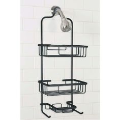 a black shower caddy with two baskets on it