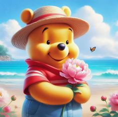 a winnie the pooh bear holding a pink flower in front of a beach with a butterfly