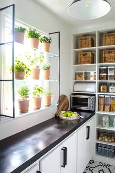 a kitchen with white cabinets and shelves filled with potted plants next to a microwave