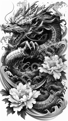 a dragon and flowers tattoo design