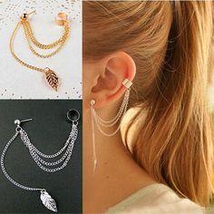 Be edgy and unique with this leaf tassel ear cuff! A simple ear cuff composed of 3 chains from cuff to the stud and one for the leaf tassel. Metals Type: Zinc Alloy.Colors: Silver/Gold. *NOTE: Due to the Chinese New Year Holiday, this item will ship by the end of February 2021. Guaranteed safe check out:PAYPAL | VISA | MASTERCARD Please allow 9 - 24 business days for the item to arrive. Dangly Earrings With Cuff, Cheap Wrap Earrings, Cheap Elegant Gold Ear Cuff, Cuff Earrings With Chain Extravagant, Cheap Elegant Ear Cuff With Matching Earrings, Cheap Party Ear Cuff, Cheap Silver Dangle Ear Cuff, Elegant Affordable Ear Cuff For Gifts, Harry Potter Cuff Earrings