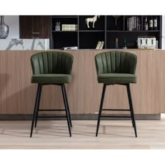 [Modern design] This upholstered bar height chair features a straight back with a semi-loop design that accentuates the chair contemporary style. [Comfortable footrest] The iron ring material footrest ensures the stability and safety of the seat, but also brings you comfort and relaxation. [Adjustable foot pegs]This modern upholstered bar stool comes with screw-adjustable feet that adjust the seat smoothly while protecting your floor from scratches. [Multi-scene application] This comfortable low Kitchen Counter Stools Ideas, Earthy Barstools, Metal Barstools In Kitchen, Green Bar Chairs Kitchen, High Top Chairs, Bar Stools Kitchen Island Apartment, Wayfair Bar Stools, Comfortable Counter Stools With Backs, Metal Bar Stools Kitchen Island