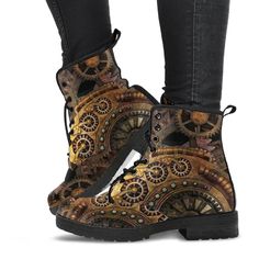 When you need a stunning pair of gorgeous steampunk boots to wear to an event, or just around town, then you've found your perfect boots.  People often comment on how comfortable these are.  With an Iconic clockwork gear design in bronze tones printed on a Vegan Leather Combat boot.   Custom printed and then lovingly handcrafted into these extra comfortable combat style boots.    These stunning boots have a rounded toe and lace up for a snug fit.   The sole is made of high quality rubber, excell Clockwork Gears, Steampunk Store, Steampunk Clockwork, Punk Wedding, Steampunk Shoes, Steampunk Boots, Steampunk Aesthetic, Gear Design, Vegan Leather Boots