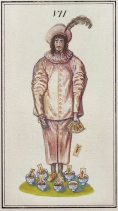 a tarot card with an image of a man wearing a hat and holding two cups