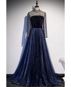 Get 10% off now! Buy navy blue sparkly long prom dress with colorful blings at cheap price online. Free stable shipping and pro custom service since 2009. Blue Wedding Party, Navy Blue Prom, Blue Prom Dresses, Navy Blue Prom Dresses, Long Evening Dress, Long Sleeve Prom, Blue Evening Dresses, Maxi Robes, Prom Dresses Long With Sleeves