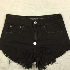 American Eagle Jean Shorts Womans Size 12 Black Denim Hi-Rise Festival Raw Hem Black Cotton Jean Shorts For Spring, Black Cotton Cutoff Shorts, Spring Black Shorts With Frayed Hem, Black Cotton Jean Shorts With Frayed Hem, Black Cotton Shorts With Frayed Hem, Black Cutoff Cotton Jeans, Mid-rise Black Cotton Jean Shorts, Black Jean Shorts With Frayed Hem For Spring, Black Cutoff Bottoms With Frayed Hem