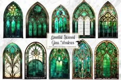 several stained glass windows with different shapes and sizes, all in various colors on a white marble background