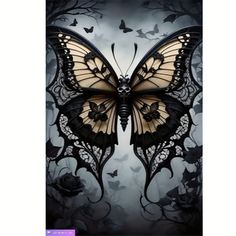 a painting of a butterfly with black and gold wings