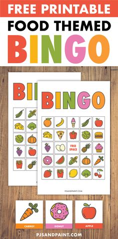 the free printable food themed bingo game for kids to play on their own table