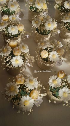 many small white flowers in baskets on a table