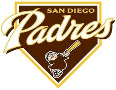 the san diego padres logo is shown in brown and gold with an image of a baseball player holding a bat