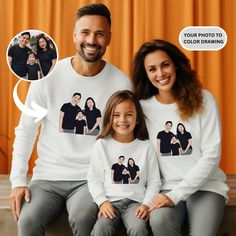 Custom Family Portrait Sweatshirt | Custom Portrait from Photo Sweatshirt | Personalized Family Gift | Custom Gifts | Couples Portrait Perfect for matching your family this season! Now you can match your whole family in these amazing matching custom portrait from photo Sweatshirts. Please note: Items need to be added to basket separately to receive the set. After purchase, please send your good quality photo to us via Etsy Messages. Ideal for any situation, a unisex heavy blend crewneck sweatshi Family Matching Long Sleeve T-shirt, Family Matching Long Sleeve Custom Print T-shirt, Family Matching Long Sleeve Tops With Custom Print, Family Matching Long Sleeve Sweatshirt, Customizable Long Sleeve Family Matching T-shirt, White Long Sleeve Tops For Family Occasions, Family Matching Graphic Print Sweatshirt, Family Cotton Crew Neck Sweatshirt, Customizable Long Sleeve Tops For Family Matching