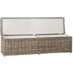 an outdoor wicker storage box with glass top and lid, shown from the side