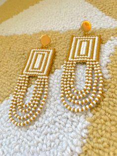 Bohemian White Rectangular Earrings, White Bohemian Rectangular Earrings, Gold Drop Earrings With Large Beads, Handmade White Beaded Rectangular Earrings, Handmade White Rectangular Beaded Earrings, Geometric Beadwork, Stitch Techniques, Beaded Chandelier Earrings, Large Statement Earrings