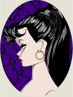 an illustration of a woman with black hair and earrings in front of a purple background