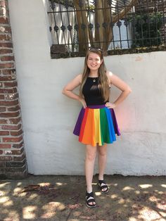 "This rainbow skater skirt would be great for pegasus pony cosplay, gay pride events and parades, LGBTQ events or everyday wear. Each skirt is custom made to fit your measurements. It is available in any size including all plus sizes. The circle skirt features panels in colors of the rainbow; red, orange, yellow, green, blue and purple. These are also gay pride flag colors. You can choose the waistband color. The skirt closes in the back with an invisible zipper. This rainbow circle skirt is ava Betty Boop Costume, Rainbow Circle, Family Cosplay, Pride Flag Colors, Colorful Skirts, Gay Pride Flag, Colors Of The Rainbow, Knee Skirts, Full Circle Skirts