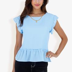 The Anna-Kaci Women's Flutter Sleeve Round Neck Blouse with Gathered Waist is the perfect blend of comfort and style. Made from a soft and breathable fabric, this blouse features delicate flutter sleeves and a round neckline that add a feminine touch to your look. The gathered waist creates a flattering silhouette, making it an ideal choice for both casual and dressy occasions. Whether paired with jeans for a relaxed day out or dressed up with a skirt for a more polished appearance, this versati Casual Blue Flutter Sleeve Tops, Summer Solid Color Tops With Ruffle Sleeves, Summer Tops With Ruffle Sleeves In Solid Color, Summer Ruffle Sleeve Tops In Solid Colors, Light Blue Solid Color Top For Spring, Solid Light Blue Top For Spring, Summer Solid Color Blouse With Ruffle Hem, Solid Color Summer Blouse With Ruffle Hem, Solid Summer Blouse With Ruffle Hem