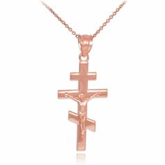 Solid 14k Rose Gold Russian Orthodox Crucifix Pendant Necklace Item No.: B33 Metal Type: 14k Solid Gold (Also Available In 10k Solid Gold) Metal Color: Rose Gold. (Also Available In White Gold And Yellow Gold) Measurement: Pendant Only Weight: 1.40 Grams Pendant W/Chain Weight: 2.4 - 2.6 Grams (Vary From Length Chain) Height W/Bail: 1.25" In. Width: 0.75" In. Chain Available In 16", 18", 20", 22" Rose Gold Crucifix Necklaces For Anniversary, Rose Gold Crucifix Necklaces For Anniversaries, Cross Necklace Sideways, Shine Jewelry, Orthodox Cross, Crucifix Necklace, Diy Crafts For Girls, Russian Orthodox, Eastern Orthodox