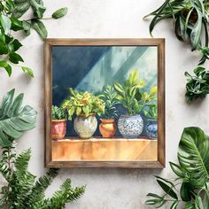 a painting of potted plants on a table in front of some green leaves and other greenery