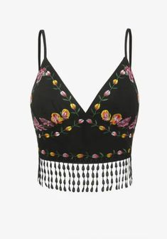 ZAFUL Faux Suede Fringed Floral Embroidered Cami Top - Black Embroidered Cami Top, Cute Sweater Outfits, Black Cami Top, Casual Kimono, Women Tank Tops, Cute Tank Tops, Sweater Brands